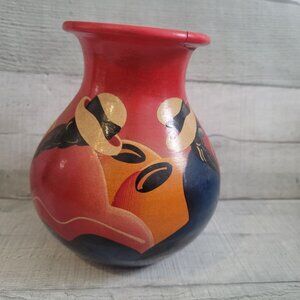 Rare Bright Folk Art Hand Painted Mexican Pottery Vase Signed Pancho